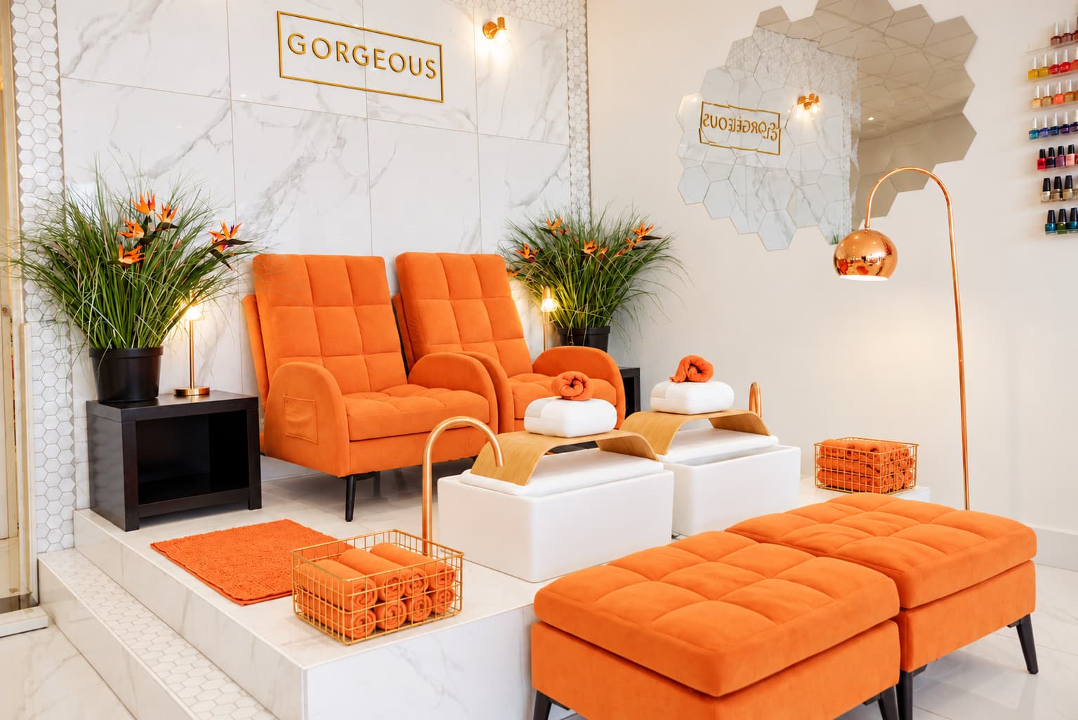 Orange chairs in the Gorgeous pedicure bay
